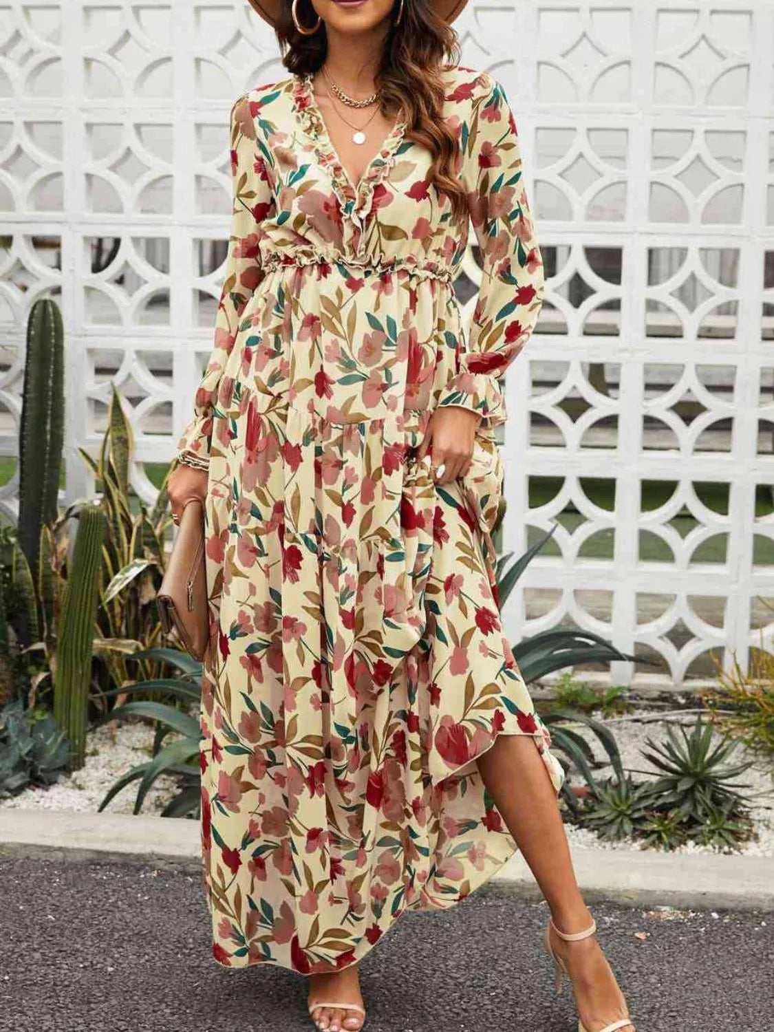 Frill Printed V-Neck Flounce Sleeve Dress