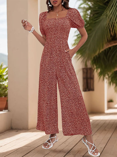 Printed Square Neck Puff Sleeve Jumpsuit