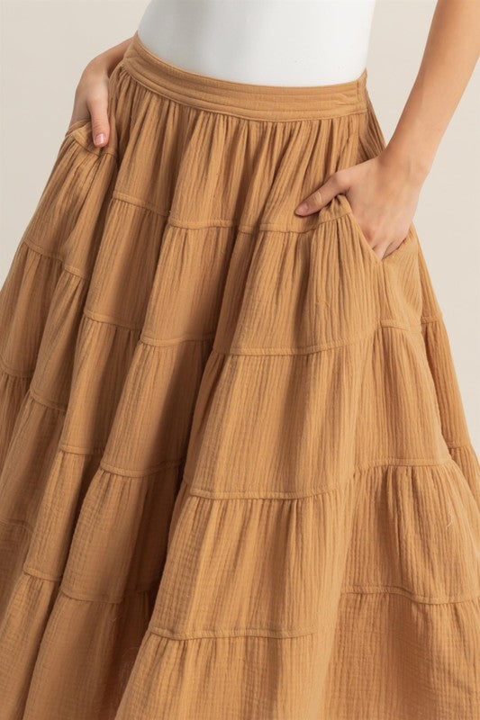 HYFVE Double Gauze Tiered Midi Skirt with Pockets