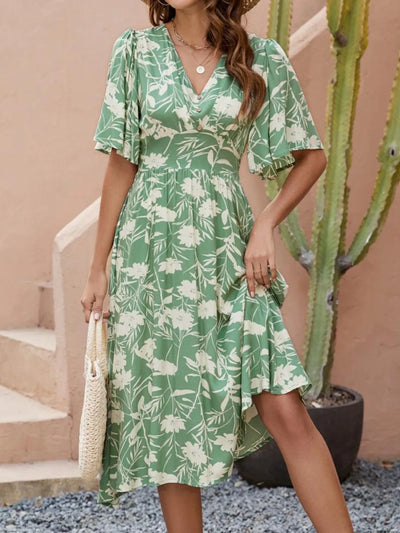 Printed V-Neck Flutter Sleeve Dress