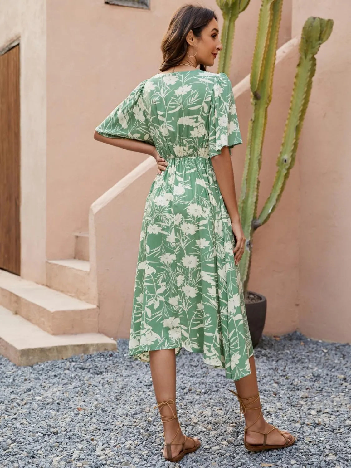 Printed V-Neck Flutter Sleeve Dress