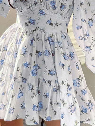 Lace Detail V-Neck Balloon Sleeve Dress