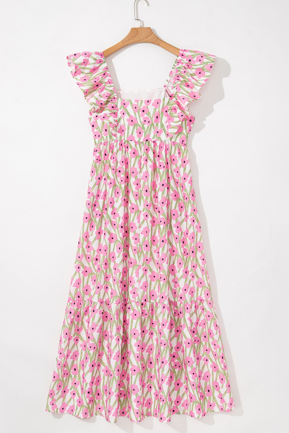 Floral Print Square Neck Ruffled Cap Sleeve Maxi Dress