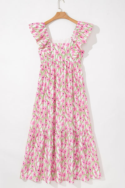 Floral Print Square Neck Ruffled Cap Sleeve Maxi Dress