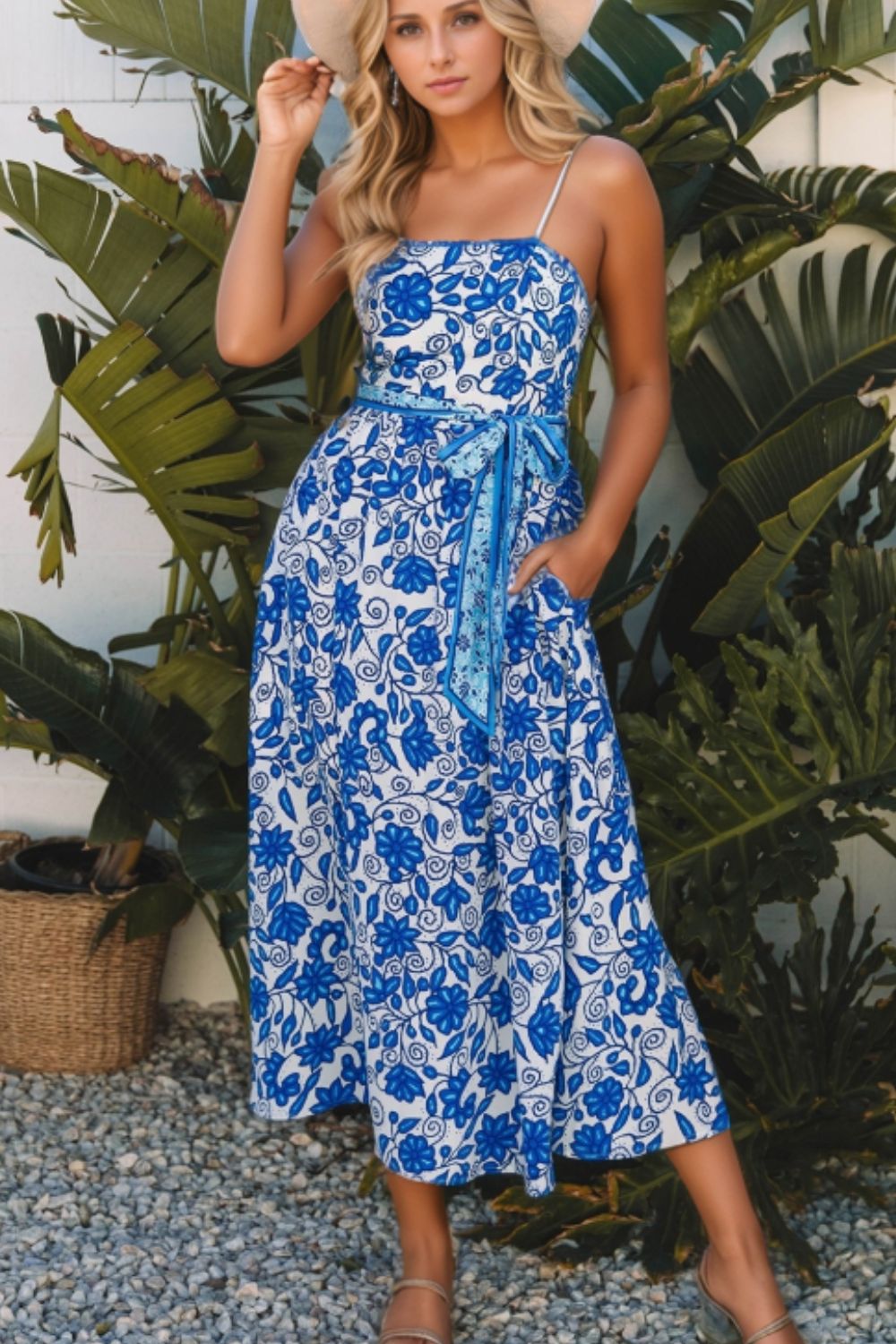Floral Printed Spaghetti Strap Maxi Dress with Waist Tie