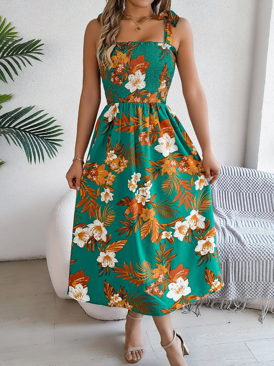 Smocked Floral Tie Shoulder Midi Dress