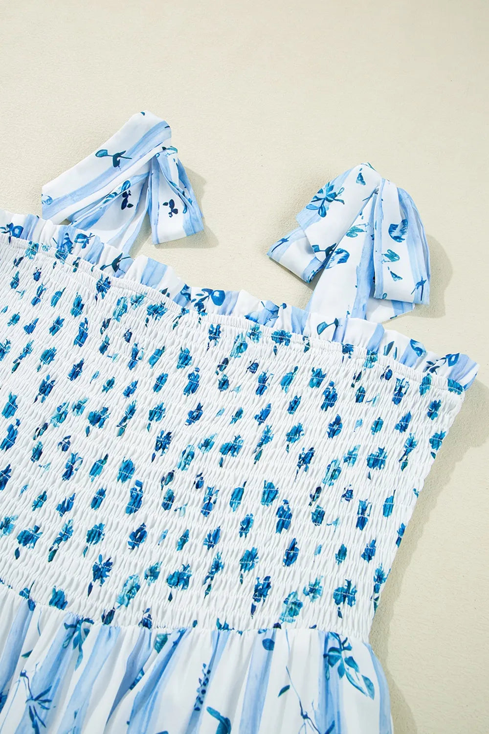 Floral Smocked Tied Straps A-Lined Tiered Dress