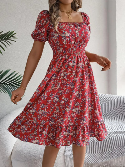 Ruffled Hem Floral Puff Sleeve Dress