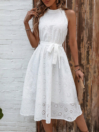 Eyelet Grecian Neck Tie Waist Midi Dress