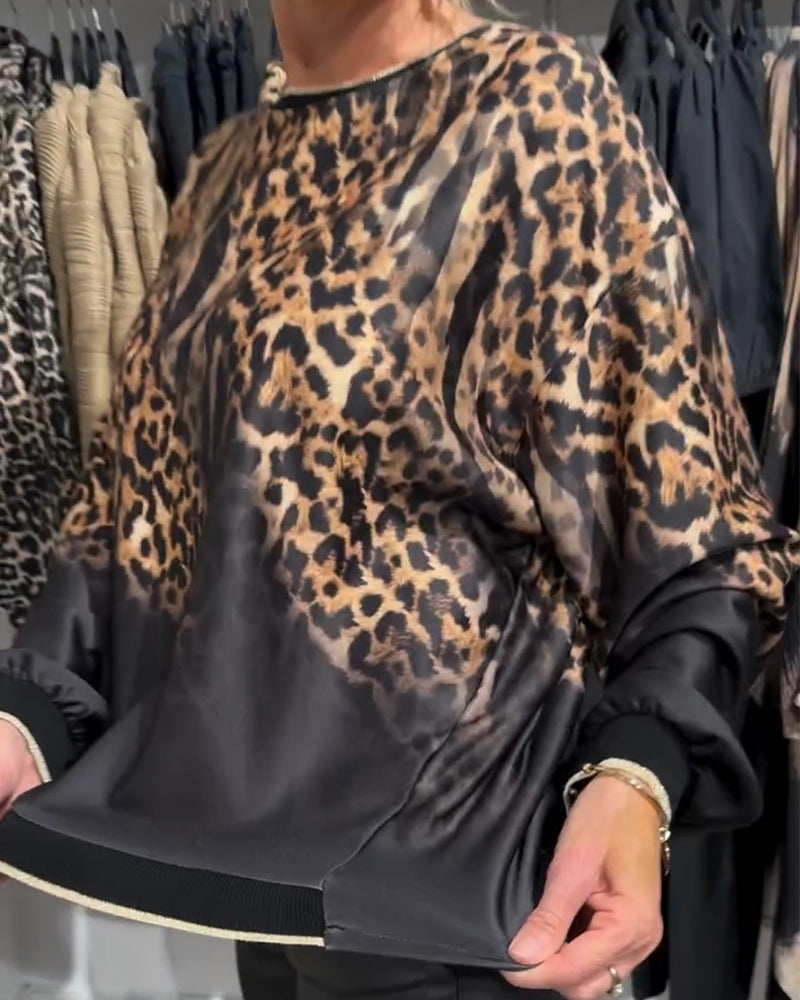 Lässige Bluse mit Leopardenmuster und Rundhalsausschnitt für Damen