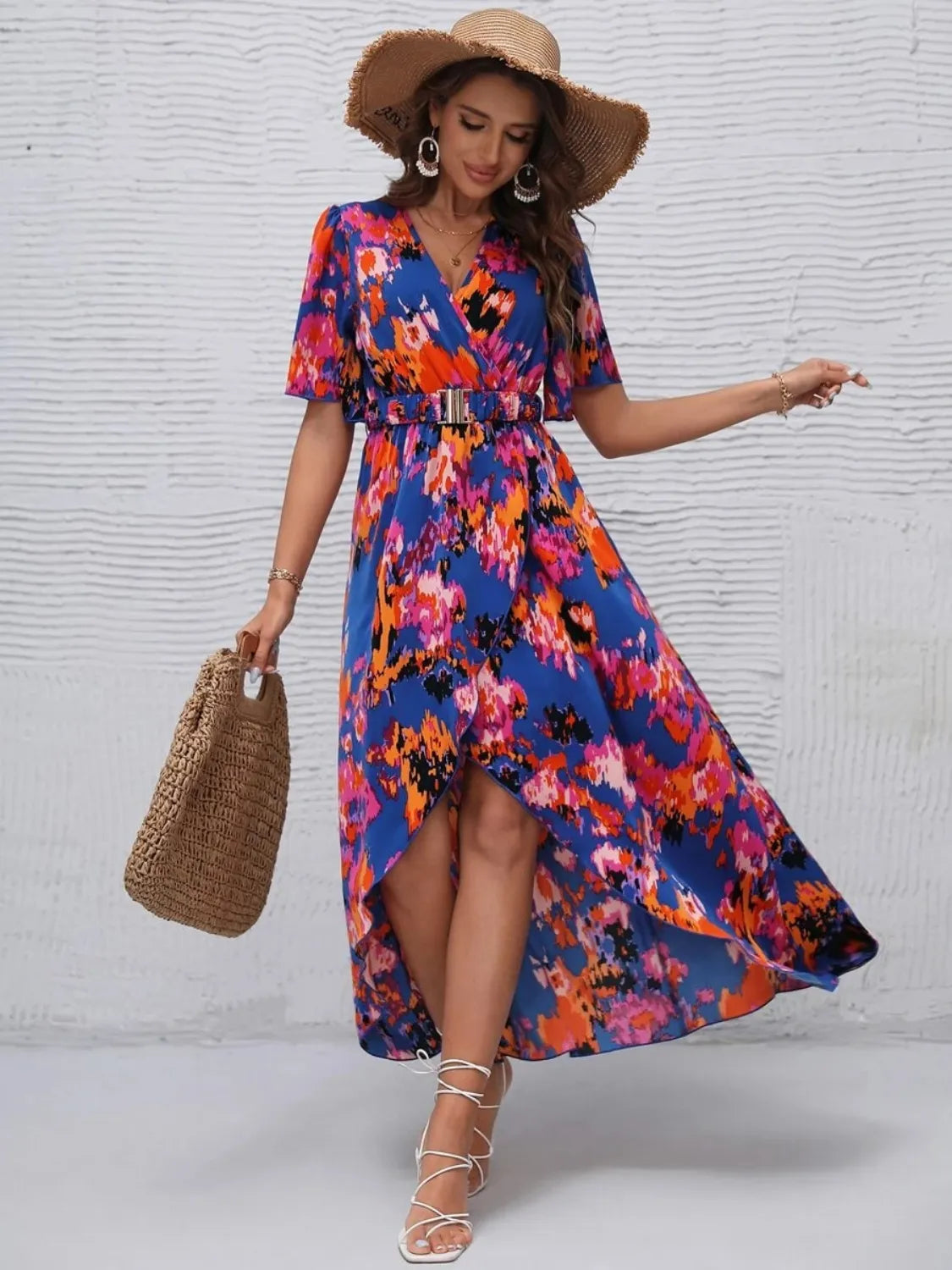 Printed Surplice Short Sleeve Maxi Dress