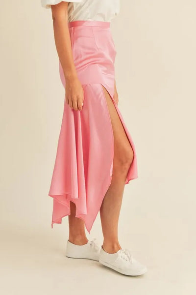 MABLE Satin Handkerchief Asymmetrical Hem Midi Skirt