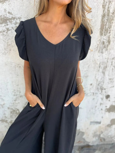 Full Size V-Neck Cap Sleeve Wide Leg Jumpsuit Plus Size