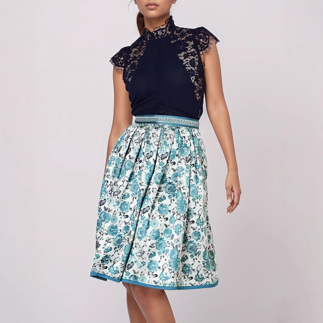 Bavarian-Inspired Blue Floral Midi Skirt