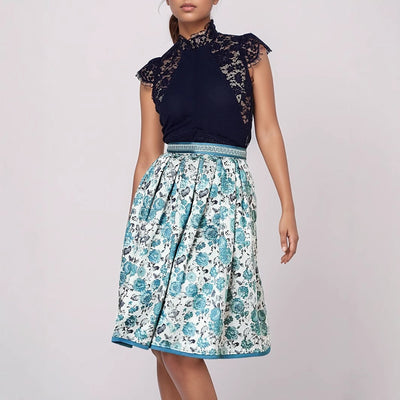 Bavarian-Inspired Blue Floral Midi Skirt