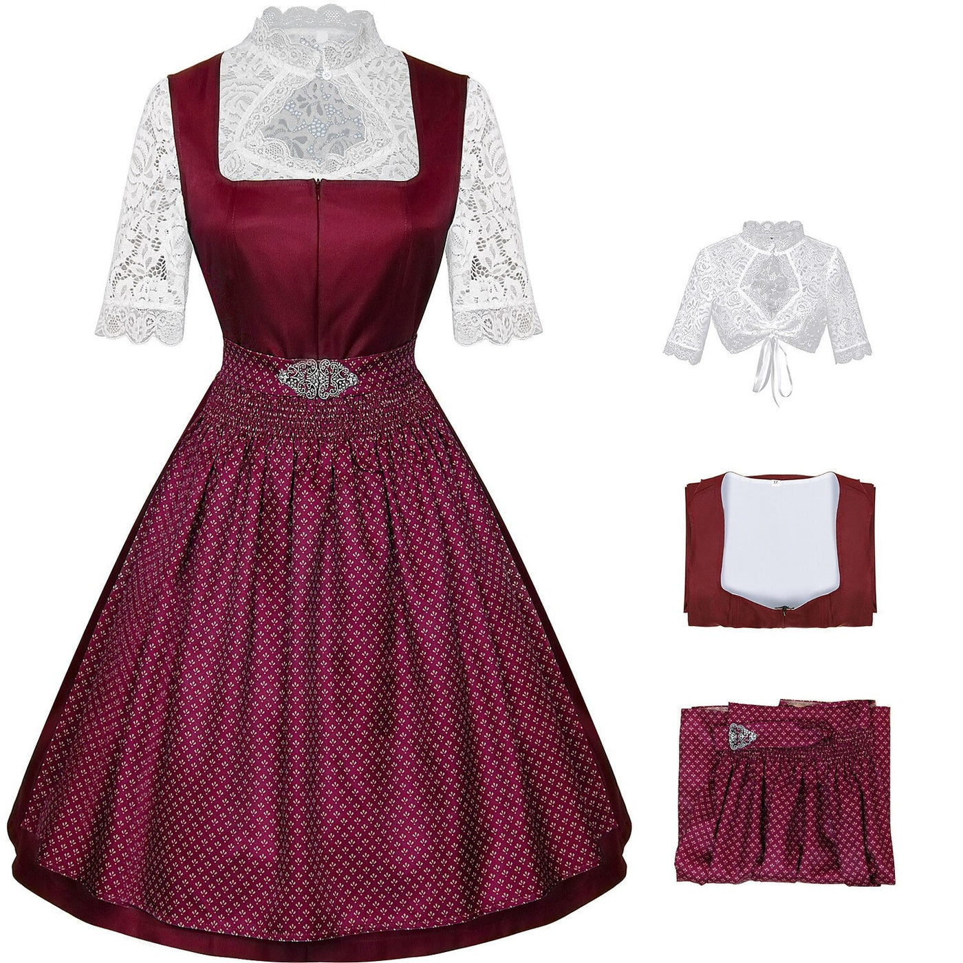 Oktoberfest Burgundy Green Blue Dirndl Dress with Apron and Blouse