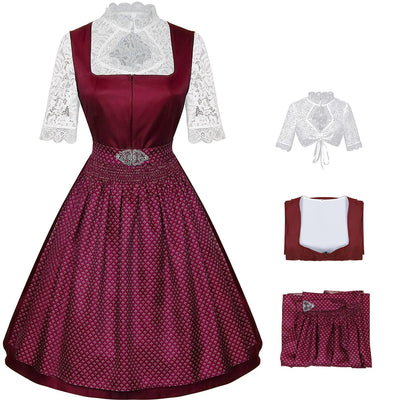 Oktoberfest Burgundy Green Blue Dirndl Dress with Apron and Blouse