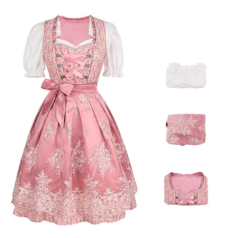 Oktoberfest Pink Dirndl Dress with Embroidered Apron and Blouse