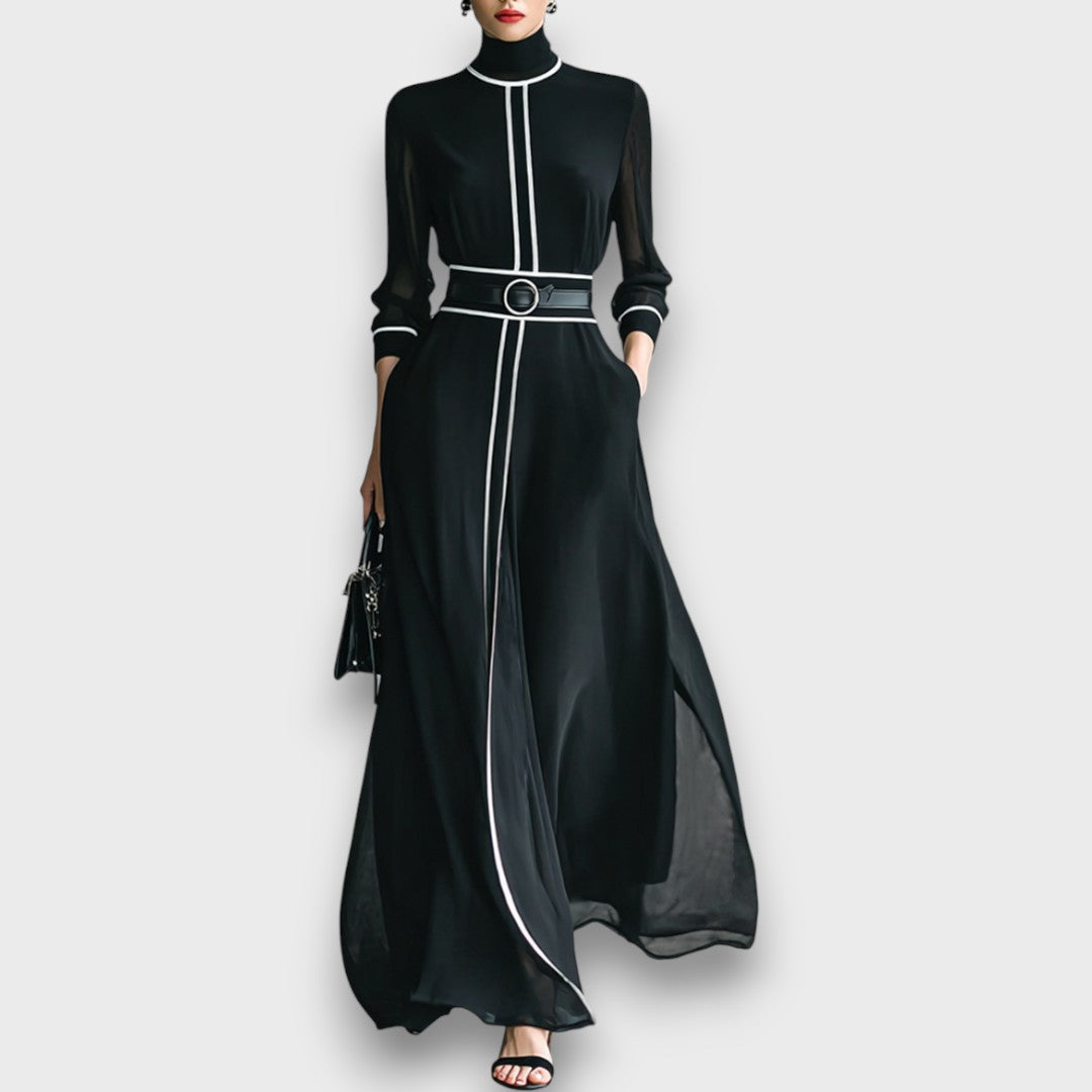 Elyra – Chiffon-Maxikleid mit hohem Kragen