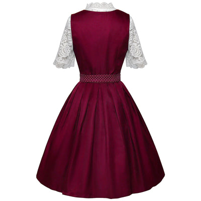 Oktoberfest Bavarian Red Dirndl Dress with Apron and Lace Blouse