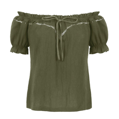 Renaissance Crew Neck Off Shoulder Lace-up Tops