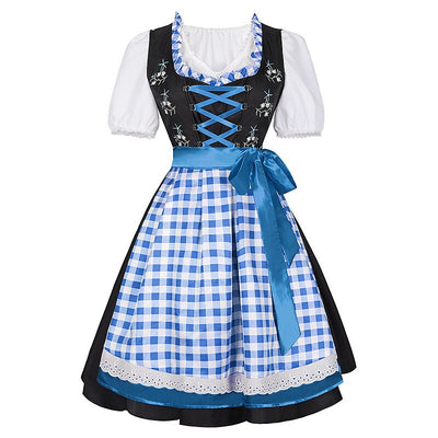 Oktoberfest Gingham Floral Dirndl Dress Set with Apron and Blouse