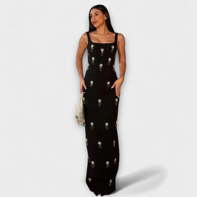 Aviane – Schwarzes Ensemble mit Perlen-Zipper-Top und Rock