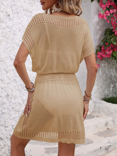 Openwork V-Neck Short Sleeve Cover-Up Dress