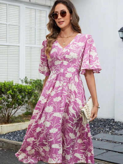 Printed V-Neck Flutter Sleeve Dress