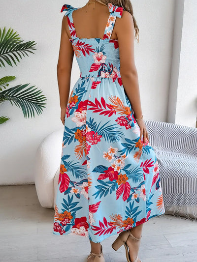 Smocked Floral Tie Shoulder Midi Dress