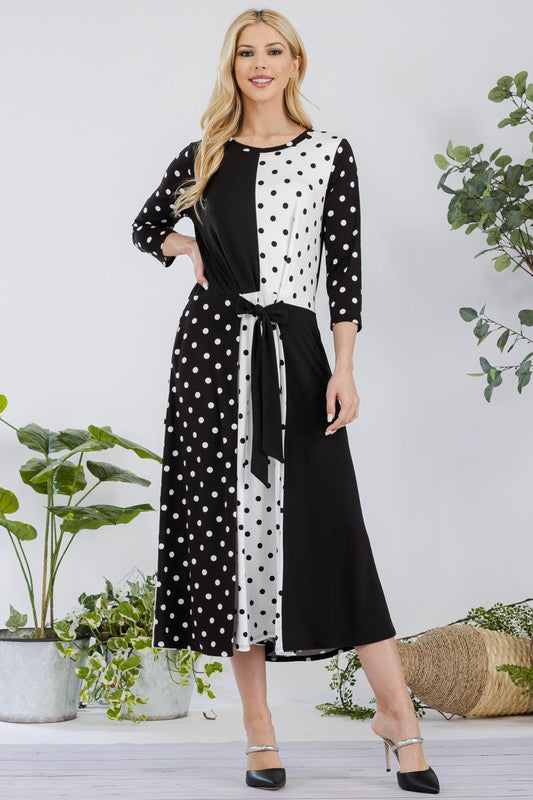 Celeste Full Size Polka Dot Front Tie Midi Dress Plus Size