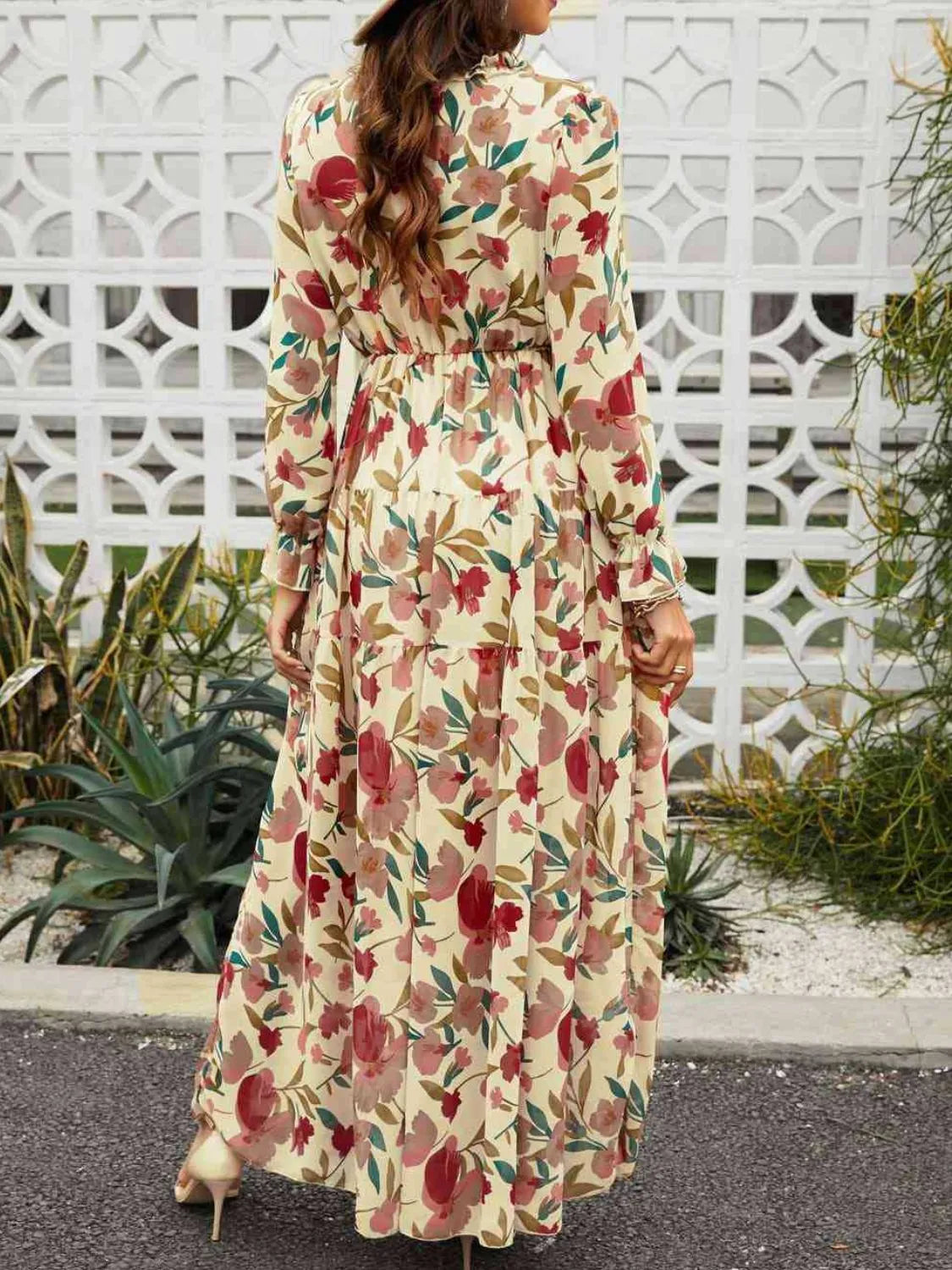 Frill Printed V-Neck Flounce Sleeve Dress