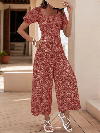 Printed Square Neck Puff Sleeve Jumpsuit