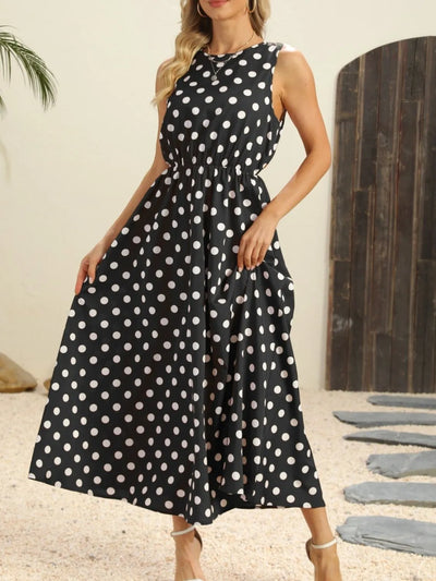 Polka Dot Round Neck Sleeveless Midi Dress