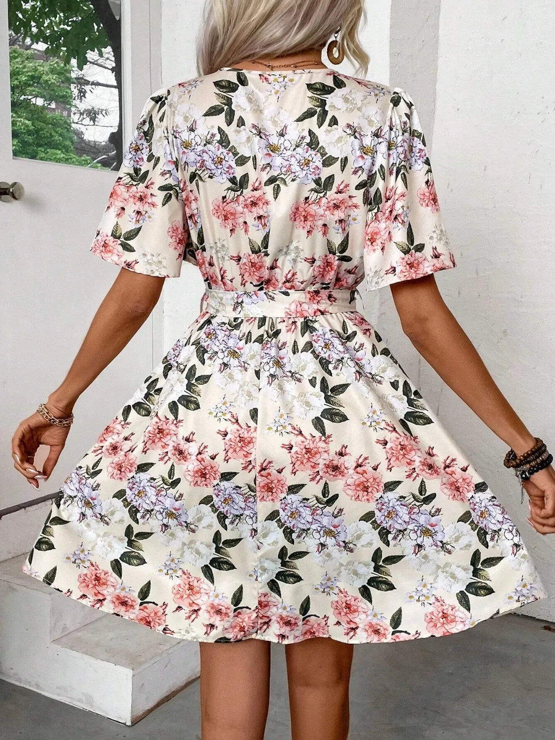 Printed Surplice Short Sleeve Mini Dress