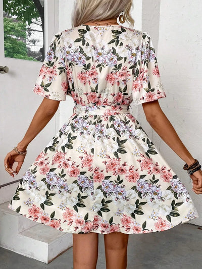 Printed Surplice Short Sleeve Mini Dress