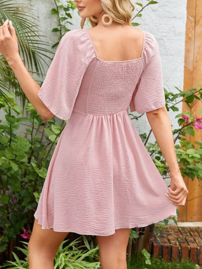 Smocked Back Knotted Flutter Sleeve Dress