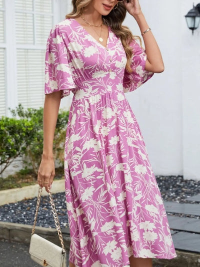 Printed V-Neck Flutter Sleeve Dress
