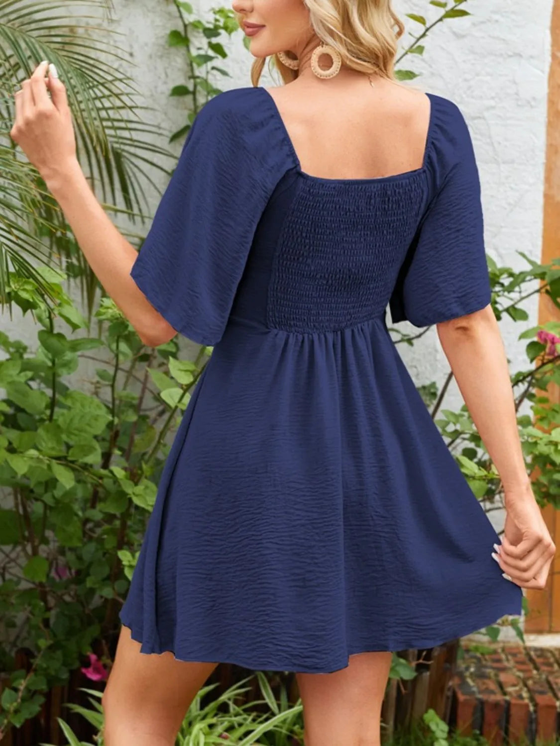 Smocked Back Knotted Flutter Sleeve Dress