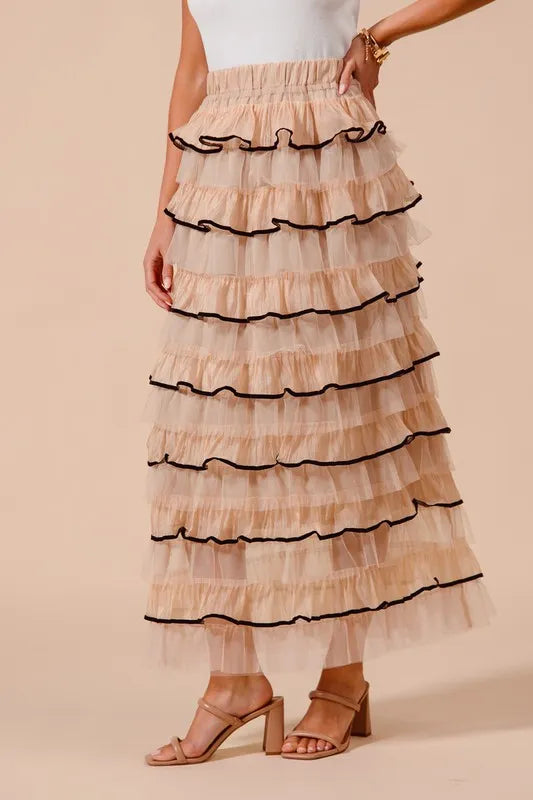 SO ME Layered Ruffled Tulle Maxi Skirt
