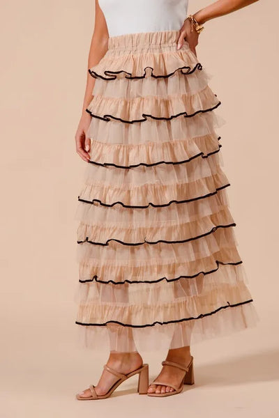 SO ME Layered Ruffled Tulle Maxi Skirt