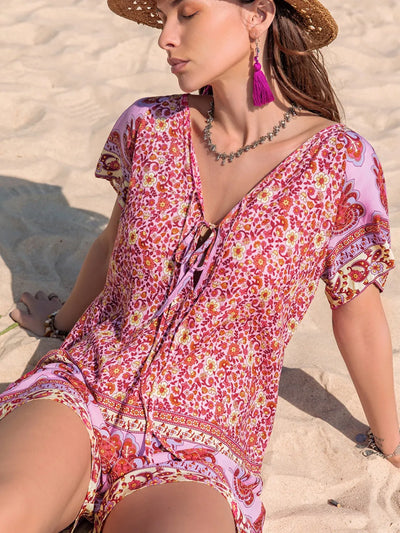 Printed V-Neck Short Sleeve Romper