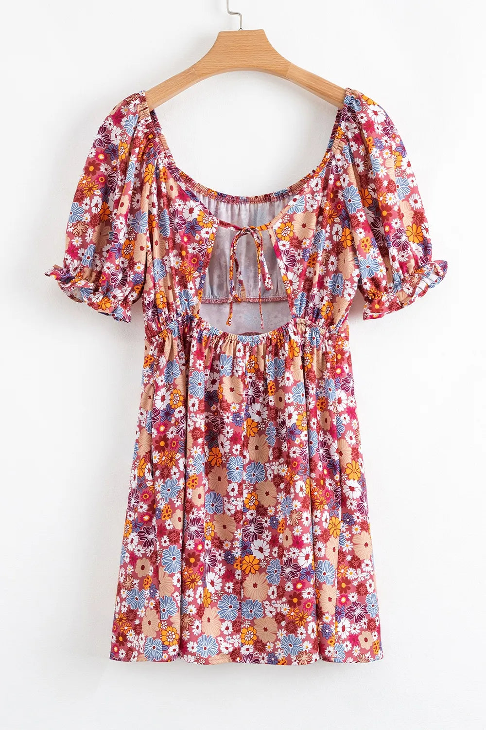 Floral Puff Sleeve Square Neck Knot Open Back Mini Dress