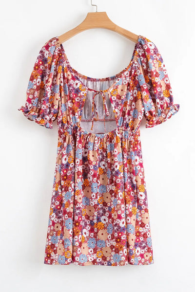Floral Puff Sleeve Square Neck Knot Open Back Mini Dress