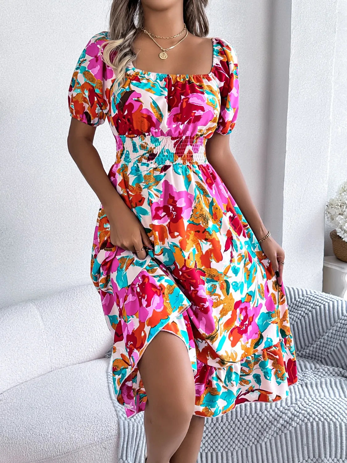 Ruffled Hem Smocked Floral Short Sleeve Midi Dress