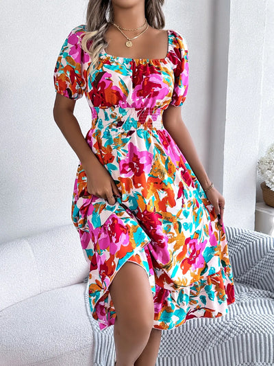 Ruffled Hem Smocked Floral Short Sleeve Midi Dress