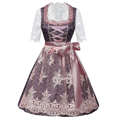Oktoberfest Purple Embroidered Dirndl Dress with Lace Apron and Blouse