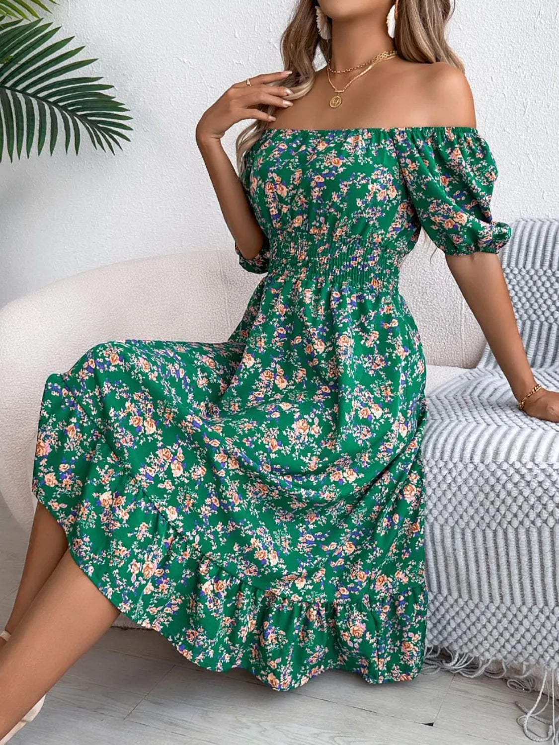 Ruffled Hem Floral Puff Sleeve Dress