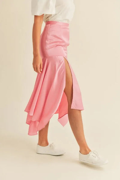 MABLE Satin Handkerchief Asymmetrical Hem Midi Skirt