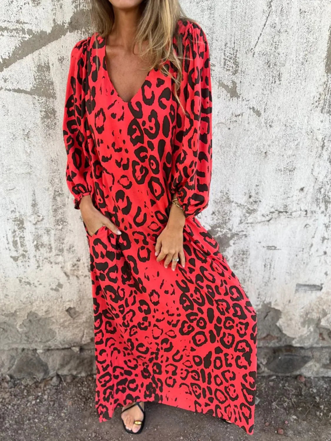 Full Size Printed V-Neck Dress with Pockets Plus Size